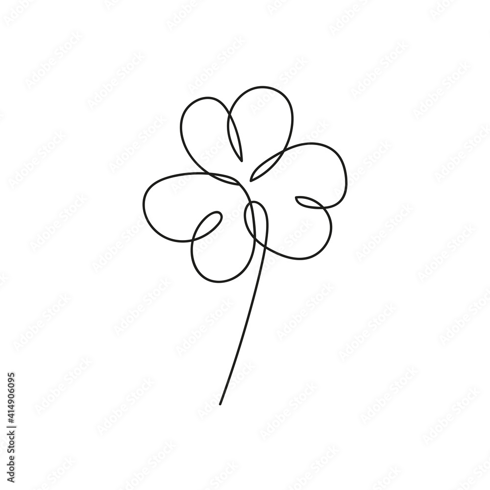 Vector illustration of irish symbol of St Patrick Day. Continuous line drawing of shamrock leaf. Minimalism black-white design