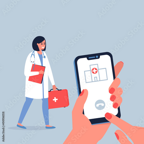 House call for a doctor. The concept of consultation and treatment of patients at home. Doctor's visit to patients. Flat vector illustration.