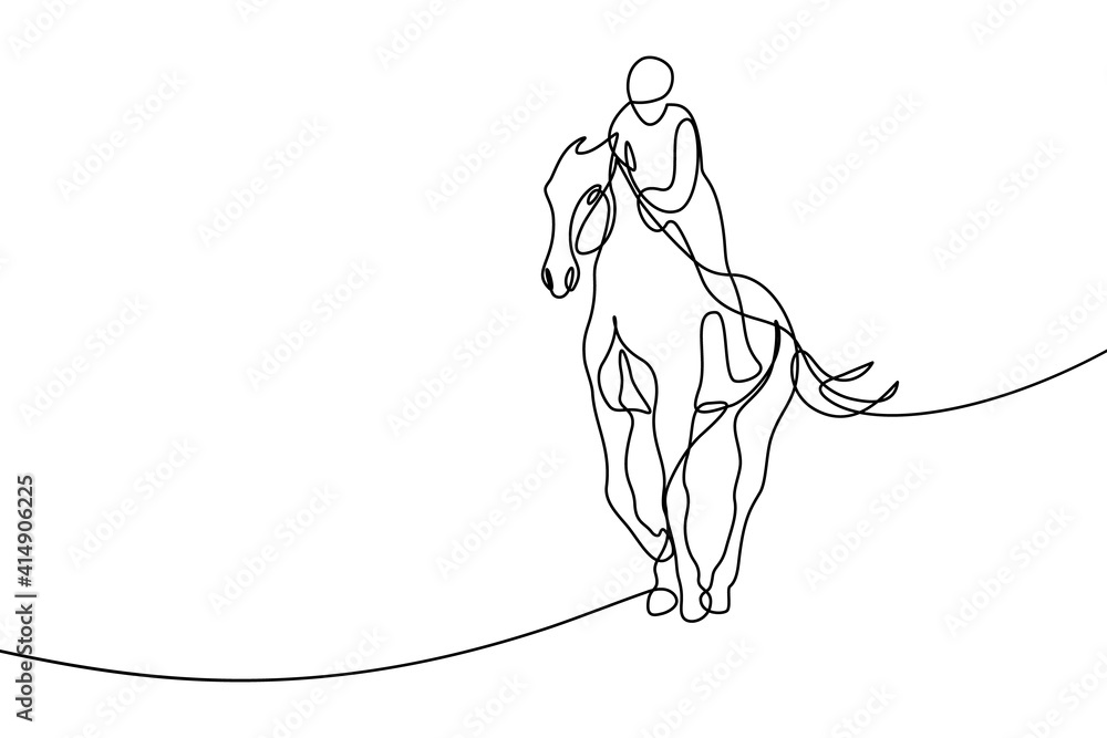 Horseback rider in continuous line art drawing style. Equestrian sport black linear sketch isolated on white background. Vector illustration