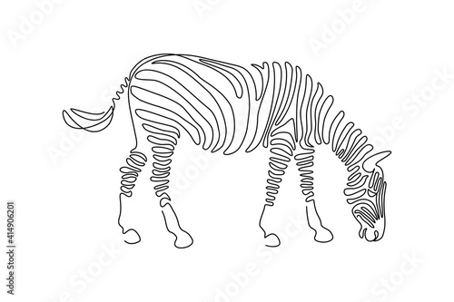 Zebra in line art drawing style. Grazing zebra black linear design isolated on white background. Vector illustration