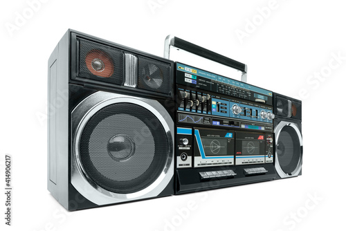 Old cassette portable boombox isolated on white background. File contains a path to isolation. 
