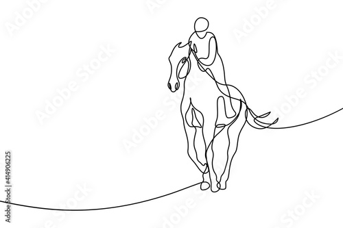 Horseback rider in continuous line art drawing style. Equestrian sport black linear sketch isolated on white background. Vector illustration