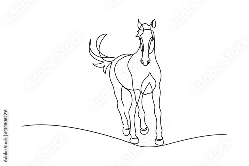 Horse in continuous line art drawing style. Graceful horse running black linear sketch isolated on white background. Vector illustration