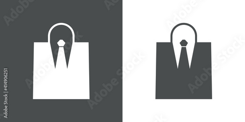 Logotipo con corbata y chaqueta con forma de bolsa de la compra en fondo gris y fondo blanco