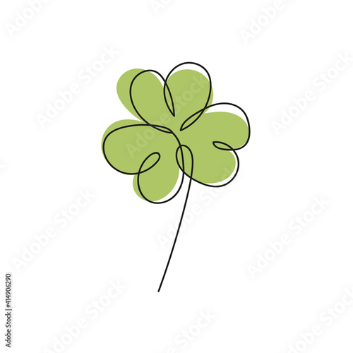 Vector illustration of Irish symbol of St Patrick Day. Continuous line drawing of shamrock leaf. Minimalism in design with green color