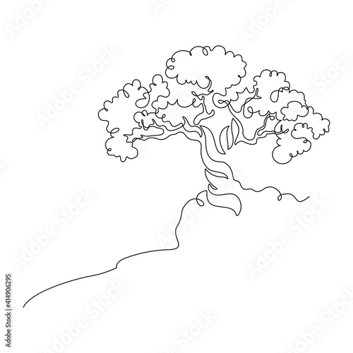 Tree in continuous line art drawing style. Old tree with twisted trunk is growing on the rocky slope. Black linear design isolated on white background. Vector illustration