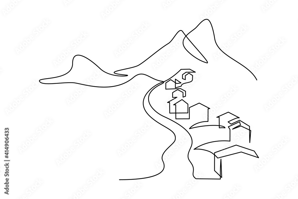 Mountain village in continuous line art drawing style. Landscape of