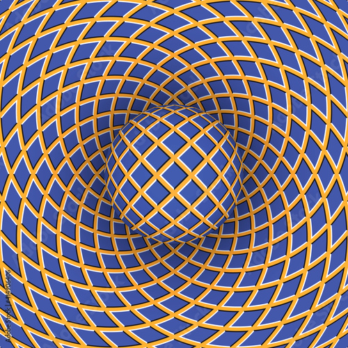 Optical illusion of rotation of the ball against the background of a moving space.