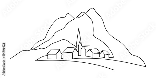 Mountain village in continuous line art drawing style. Landscape of small country settlement surrounded by mountains minimalist black linear sketch isolated on white background. Vector illustration