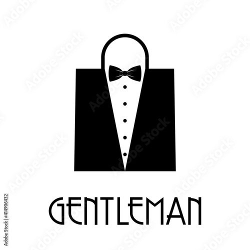 Logotipo con texto GENTLEMAN con corbata de lazo y chaqueta con forma de bolsa de la compra en color negro