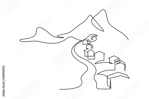 Mountain village in continuous line art drawing style. Landscape of road going through country settlement surrounded by mountains minimalist black linear sketch on white background. Vector illustratio
