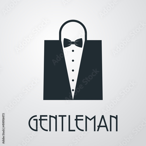 Logotipo con texto GENTLEMAN con corbata de lazo y chaqueta con forma de bolsa de la compra en fondo gris
