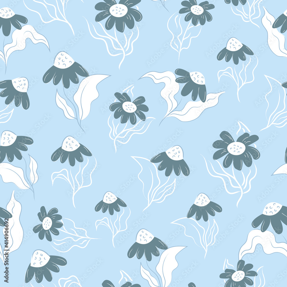 Naklejka premium Seamless Pattern Floral Style Blue Daisies White Background Design Vector