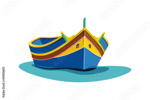 Traditional Maltese fishing boat luzzu colorful design isolated on white background. Malta symbol and tourist attraction. Vector illustration photo