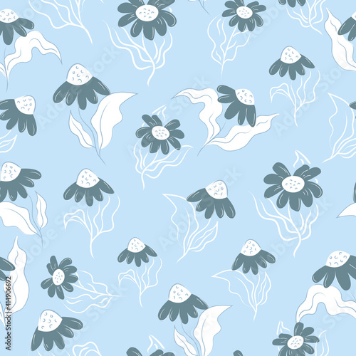 Seamless Pattern Floral Style Blue Daisies White Background Design Vector