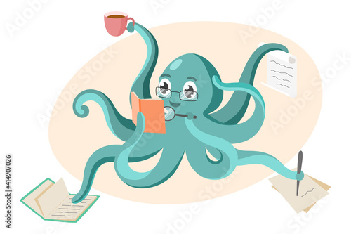An octopus doing many things at once. Multitasking and education concept. Reading books.