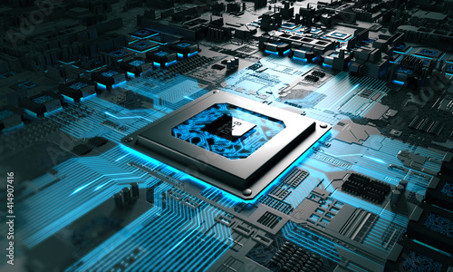 CPU computer processor unit on motherboard electronic circuit with other components and microchips. Data is flowing on circuit board lanes. 3D Illustration of technology and communication