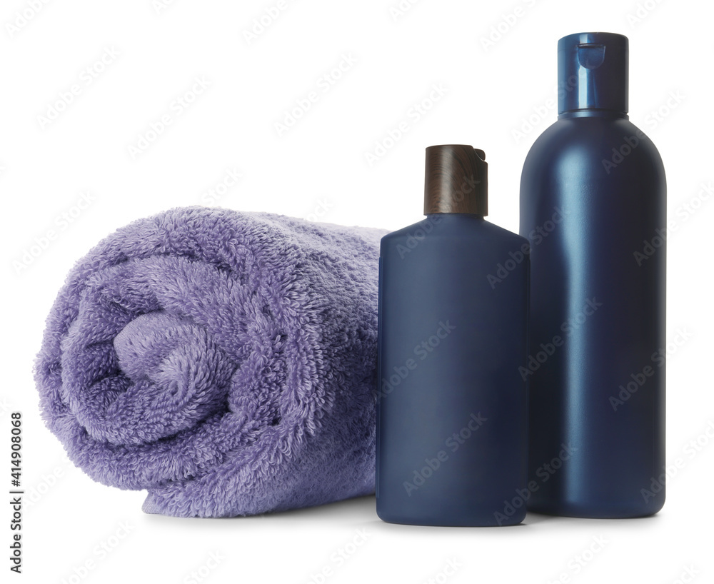 Personal hygiene products with towel on white background Personal hygiene products with towel on white background