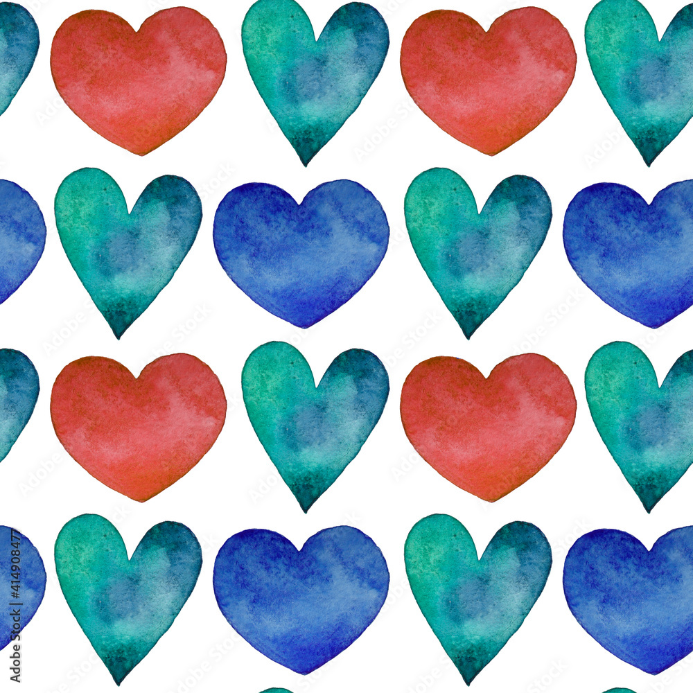 Seamless pattern with hand drawn watercolor heart. Hand painted pattern. Romantic ornament for valentines day. Ink illustration. Isolated on white background. Blue, red and green heart pattern.