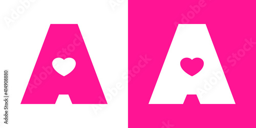 Logotipo con letra inicial A con corazón en fondo rosa y fondo blanco