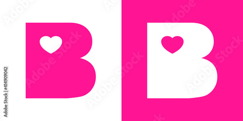 Logotipo con letra inicial B con corazón en fondo rosa y fondo blanco