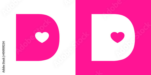 Logotipo con letra inicial D con corazón en fondo rosa y fondo blanco