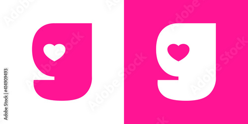 Logotipo con letra inicial g con corazón en fondo rosa y fondo blanco