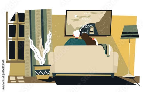 People sitting by television home couple in love