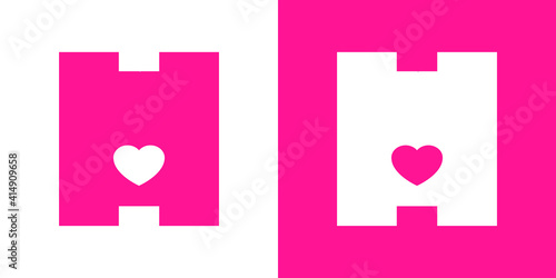 Logotipo con letra inicial H con corazón en fondo rosa y fondo blanco