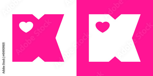 Logotipo con letra inicial K con corazón en fondo rosa y fondo blanco