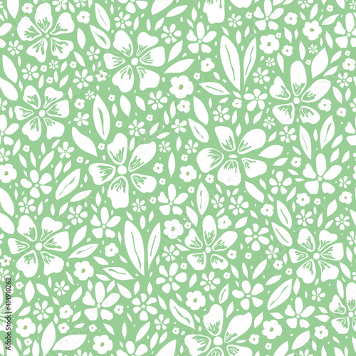 Seamless Pattern Small Flowers Green Background Design Vector Illustration