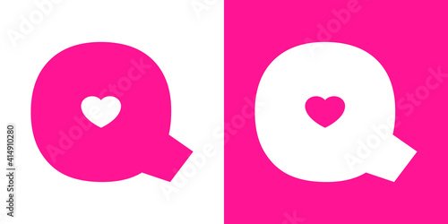 Logotipo con letra inicial Q con corazón en fondo rosa y fondo blanco