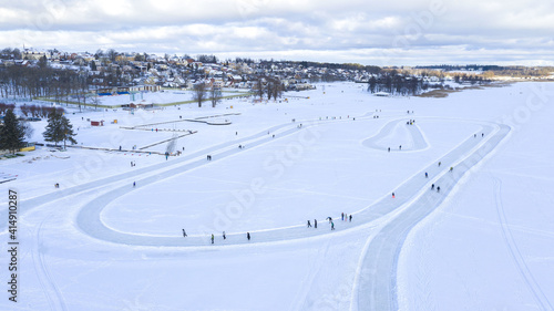 Aerial shot of traces for skating in a resort on a winter day