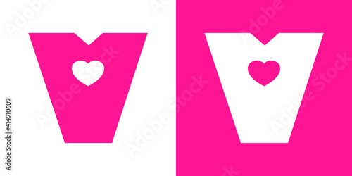 Logotipo con letra inicial V con corazón en fondo rosa y fondo blanco