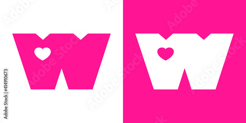 Logotipo con letra inicial W con corazón en fondo rosa y fondo blanco