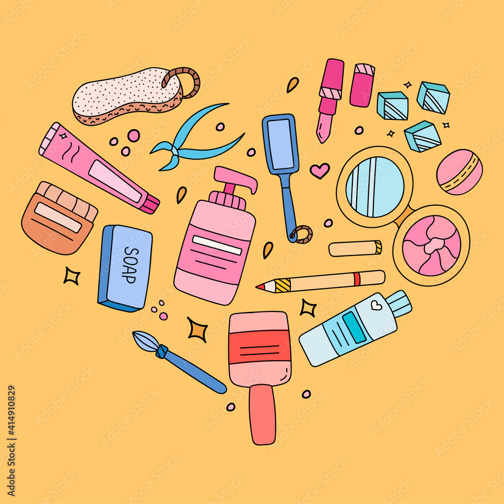 Cute hand drawn set with powder, pumice, lipstick, antibacterial soap, cream, ice cubes, cosmetic brushes, tweezers. Vector illustrations about body, hair, nail, face care and cosmetics for the beauty