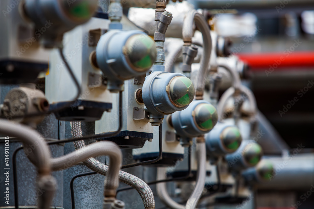 Oil refinery plant. Valve position monitors. All Oil refinery plant. Valve position monitors. All