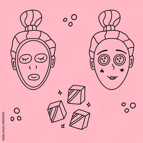 Cute hand drawn set with ice cubes and a girl with a cucumber on her eye and a face mask. Girl with a tied hair, relaxing during beauty care procedures in the bathroom. Clipart vector illustration.