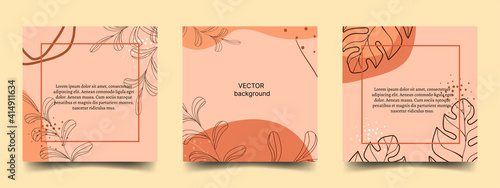 Square postcards with tropical leaf elements. Set of templates for social media, advertising promotion, brochures, flyers. Place for text