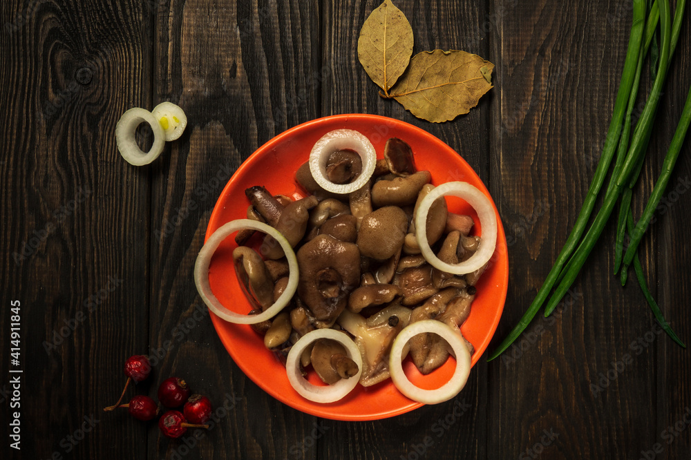 Suillus luteus or Boletus luteus mushrooms marinated in a plate with spices and onions on a vintage table. Top view Suillus luteus or Boletus luteus mushrooms marinated in a plate with spices and onions on a vintage table. Top view