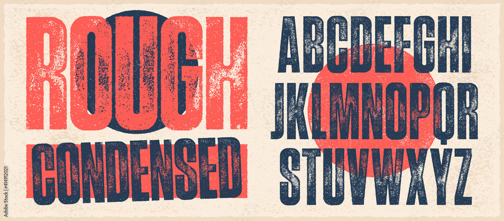 Rough Condensed Font. Works well at small sizes. Individually textured characters with an eroded rough letterpress print texture. Unique design font