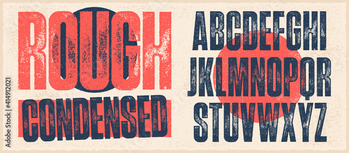 Rough Condensed Font. Works well at small sizes. Individually textured characters with an eroded rough letterpress print texture. Unique design font photo