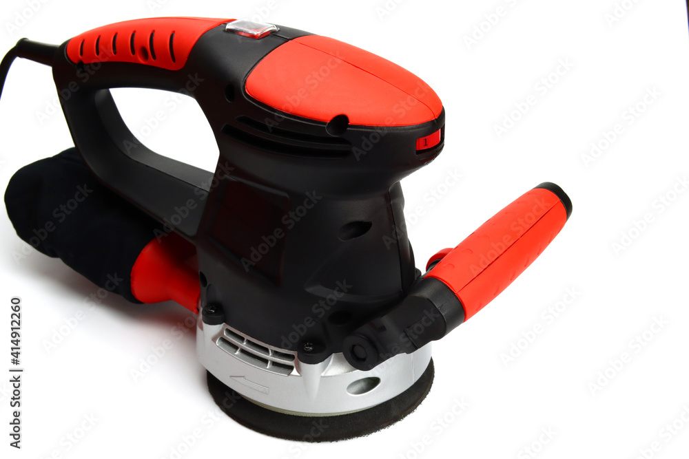 Eccentric Orbital Sander, grinder machine for wood grinding on white background Eccentric Orbital Sander, grinder machine for wood grinding on white background