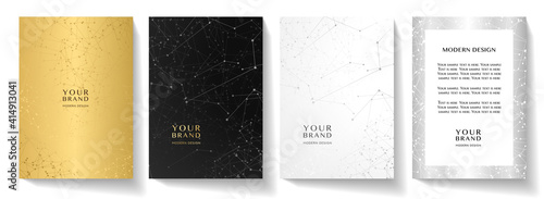 Modern cover design set with technology curve lines. Contemporary network pattern backdrop in gold, black, white and silver colors. Vector background template for business brochure, certificate