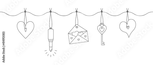 Garland with romantic things. The jewelry hangs on a thread with a knot. Heart, lipstick, envelope, key. Sketch. Hanging decoration. Vector illustration. Coloring book for children. Valentines Day. 