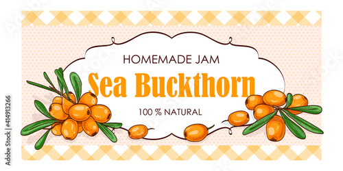 vector label of sea buckthorn with watercolor background and colored border