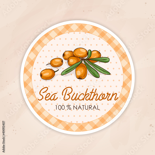 Vector round label, sea buckthorn on a sand background
