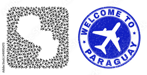 Vector mosaic Paraguay map of airplane elements and grunge Welcome badge. Mosaic geographic Paraguay map constructed as hole from rounded square shape with air planes.