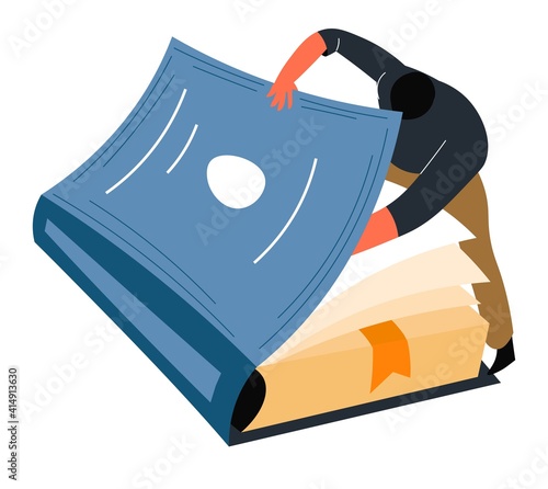 Male character peeking book pages, reader vector