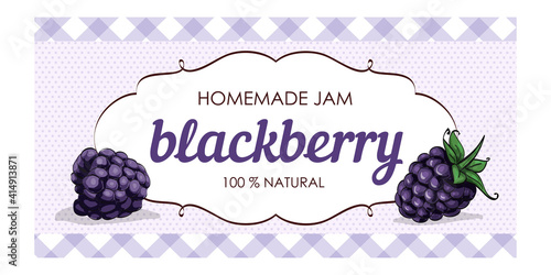 vector label of blackberry with polka dot background and colored border